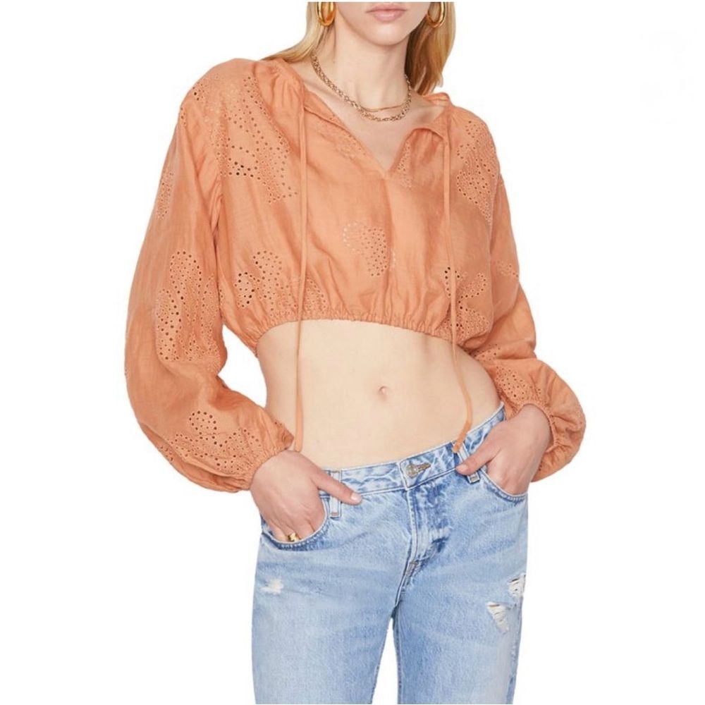 FRAME Shirred Crop Eyelet Blouse with Long Sleeves in Terracotta - Size S